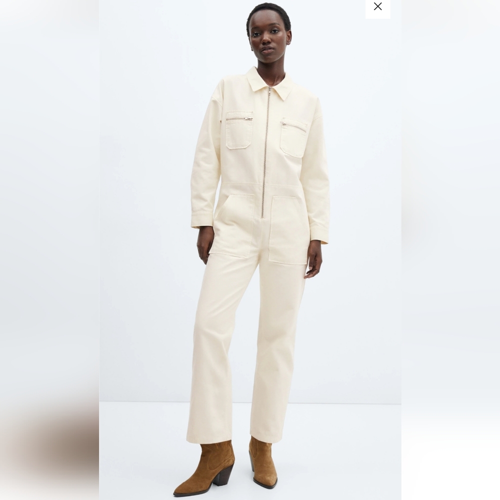 Mango Denim With Zipper Cream Jumpsuit Relaxed Fit Coveralls